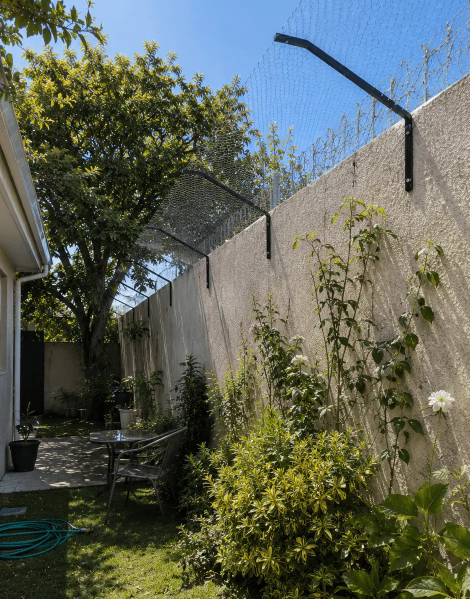 Cerco antiescape para gatos instalado en un patio